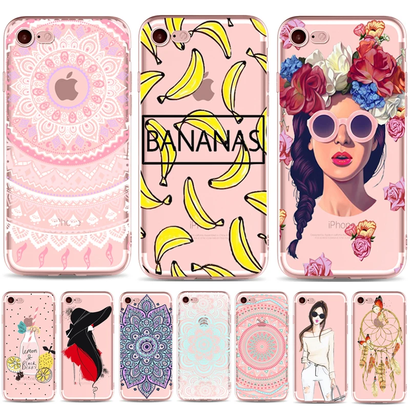 

Girl Fruit Mandala Henna Datura Flowers Phone Case For iPhone 8 7 6 6S Plus 5S SE Soft TPU Silicone Phone Cover For iPhone 8Plus