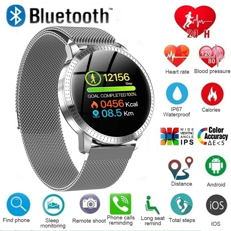 Smart Watch Waterproof IP67 1.22 Inch Blood Pressure Monitoring Metal Starp Multi Sport Modes for iOS Android Phone
