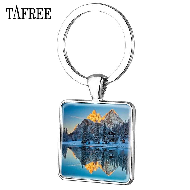 

TAFREE Baikal Lake Square Keychains enchanting natural scenery Picture key Chains Car keyring Silver Plated Jewelry FA633