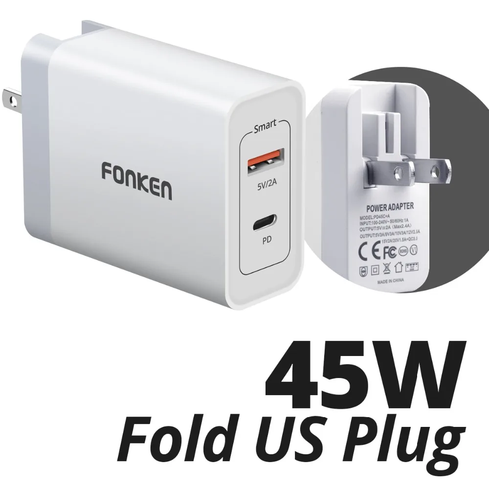 FONKEN 2-Port USB C PD Charger 45W Type-C Fast Charge 3.0 Mobile Phone Type C Laptop Wall Power Adapter Portable Quick Chargers