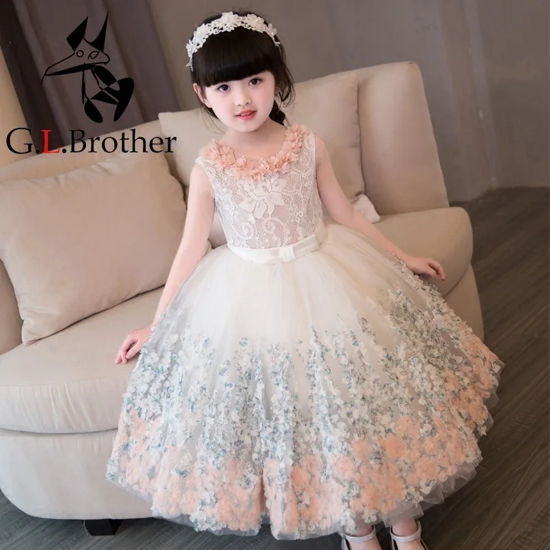 

2-12 Years Flower Girl Dress Lace Ball Gown Kids Pageant Dress For Birthday Party Gowns Sleeveless Floral Princess Dress K26