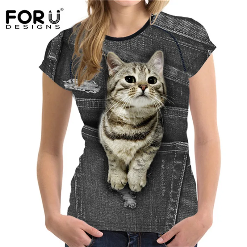 FORUDESIGNS/футболка с милым котом для женщин, Летний стиль, короткий рукав, женские футболки, 3D черный деним, с карманом, футболки для девочек, ropa mujer - Цвет: CC3319BV