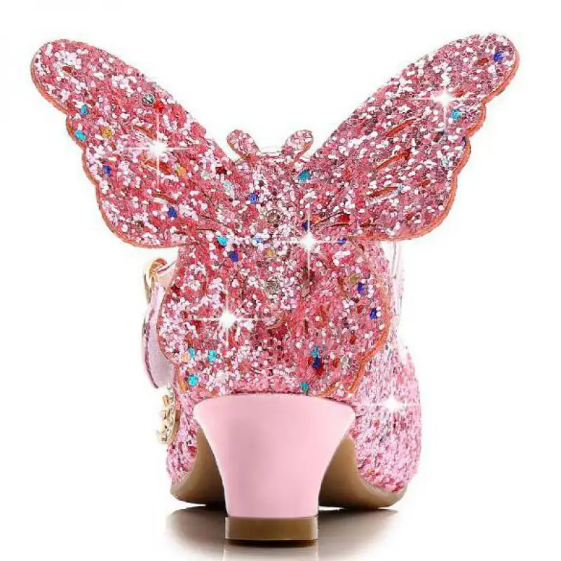 Детская обувь принцессы для девочек босоножки на высоком каблуке детская блестящая кожи бабочки вечерние платье свадебный танец Sparkly моды