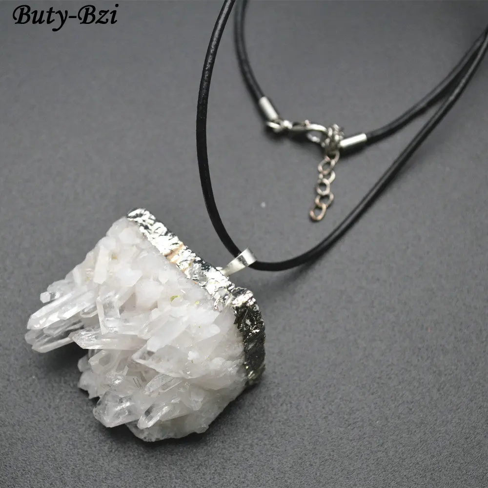 

Natural White Crystal Quartz Point Rough Stone Mineral Silver Plating Pendant Leather Cord Chains Necklace Jewelry