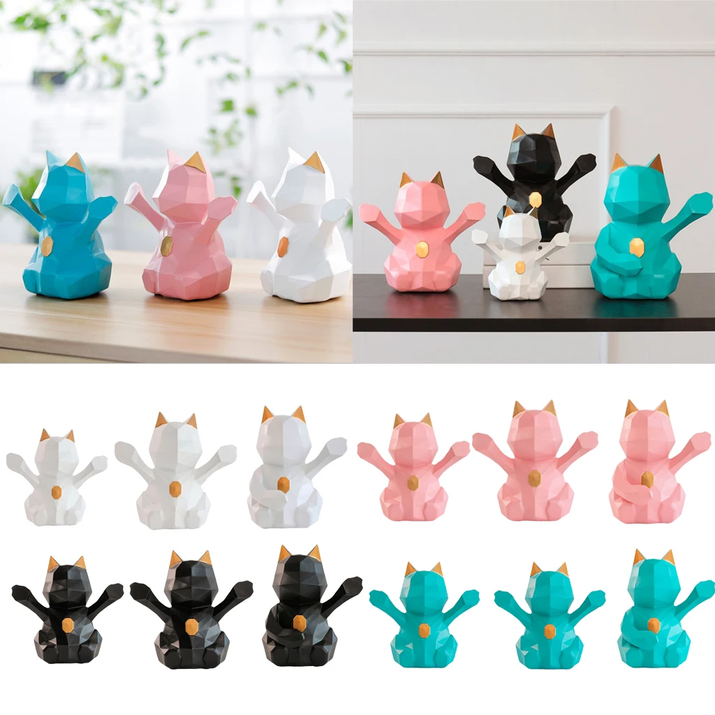 3D Abstract Art Geometric Fortune Lucky Cat Sculpture Resin Animal Statue Figurines Feng Shui Decor