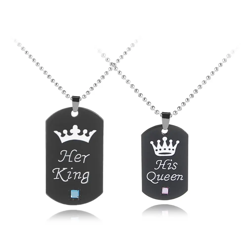 

1 PC Her King/ His Queen Metal Pendant Necklace Bead Chain Dog Tag For Couple Lover Vintage Punk Necklace Gift For Dating