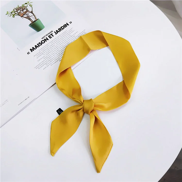 Women Fashion Ribbon Silk Scarf Beautiful Solid Design Girls Neckerchief Hair Band Bag Handle Wraps Small Neck Scarves - Цвет: Yellow 90cm