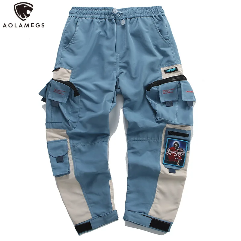 

Aolamegs Pants Men Multi-Pockets Track Pants Male Cargo Trousers Drawstring Elastic Waist Patchwork Color Joggers Sweatpants