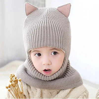 RUHAO/брендовая осенне-зимняя теплая милая детская вязаная шапочка, шапочка в виде костюма овцы, хлопковый шарф с рисунком для мальчиков и девочек, вязаные накидки с ушками, шерстяная шапка - Цвет: Gray