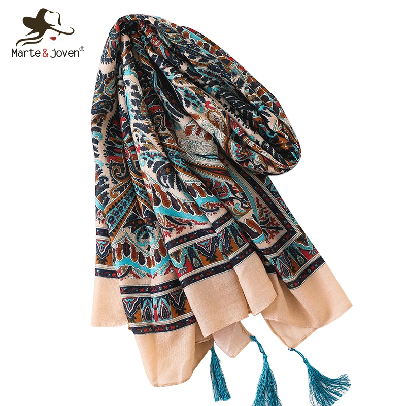 

Marte&Joven Paisley Floral Print Warm Scarf for Women Ethnic Style Large Size Autumn Winter Shawls Wraps Ladies Muslim Hijab