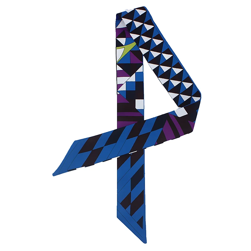 

POBING Geometric Plaid Print Small Scarf Women Silk Scarf Fashion Brand Head Scarf Tie Handle Bag Ribbons Long Scarves 100*5CM