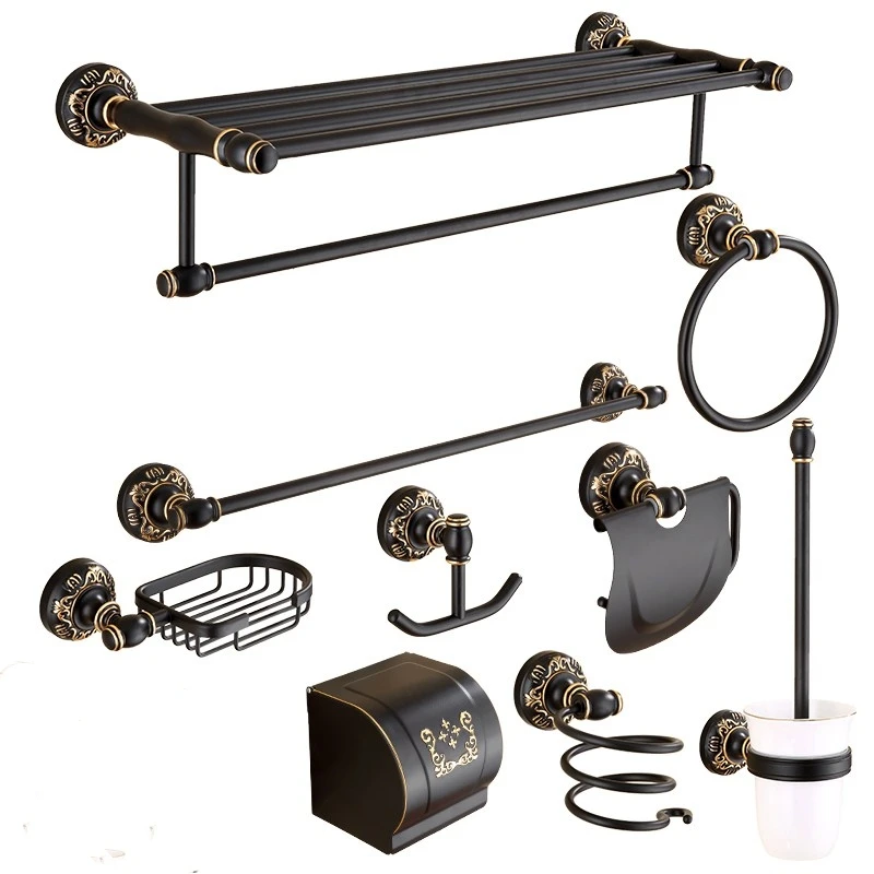 

Europe Bathroom Thickened Accessories Space Aluminum Hardware Set Black Antique Carved Towel Rack,Toilet paper box