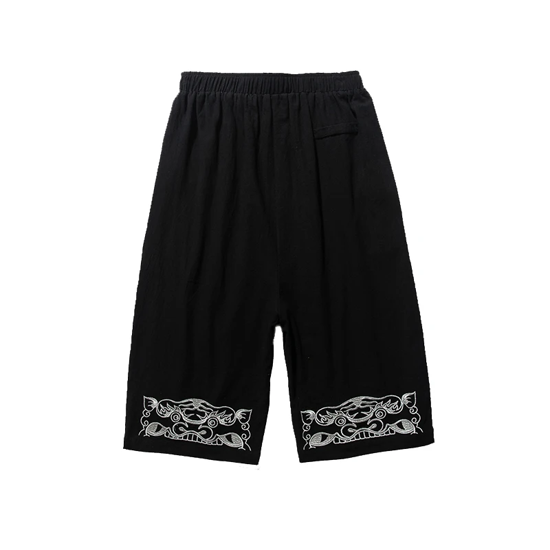 Chinesischen Stil Männer Lose Baumwolle Leinen Stickerei Kalb-Länge Hosen Männlichen Streetwear Gerade Beiläufige Breite Bein Hosen Strand Hose