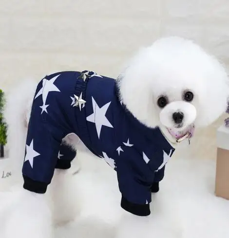 Зимний комбинезон для маленьких собак, флисовый комбинезон с капюшоном и поясом со звездами, штаны с четырьмя ножками, зимние пальто, щенок чихуахуа, одежда - Цвет: Тёмно-синий