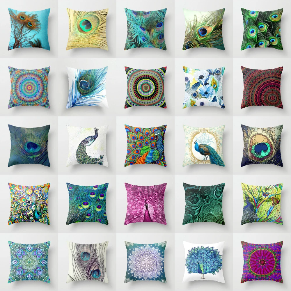 cheap Elife Polyester Cotton Peacock Cushion Cover Pillow Case Feather Pillows Cover For Sofa Car waist Cojines Home Decor 45*45CM