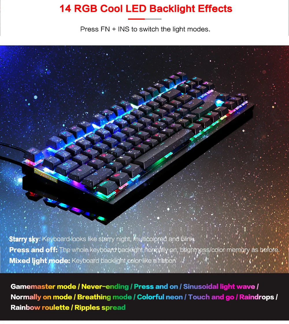 Motospeed K82 USB игровая синяя/красная механическая клавиатура Swich 87 клавиш 14 RGB светодиодный подсветка все-Ключ анти-призрак для игры PUBG/FPS