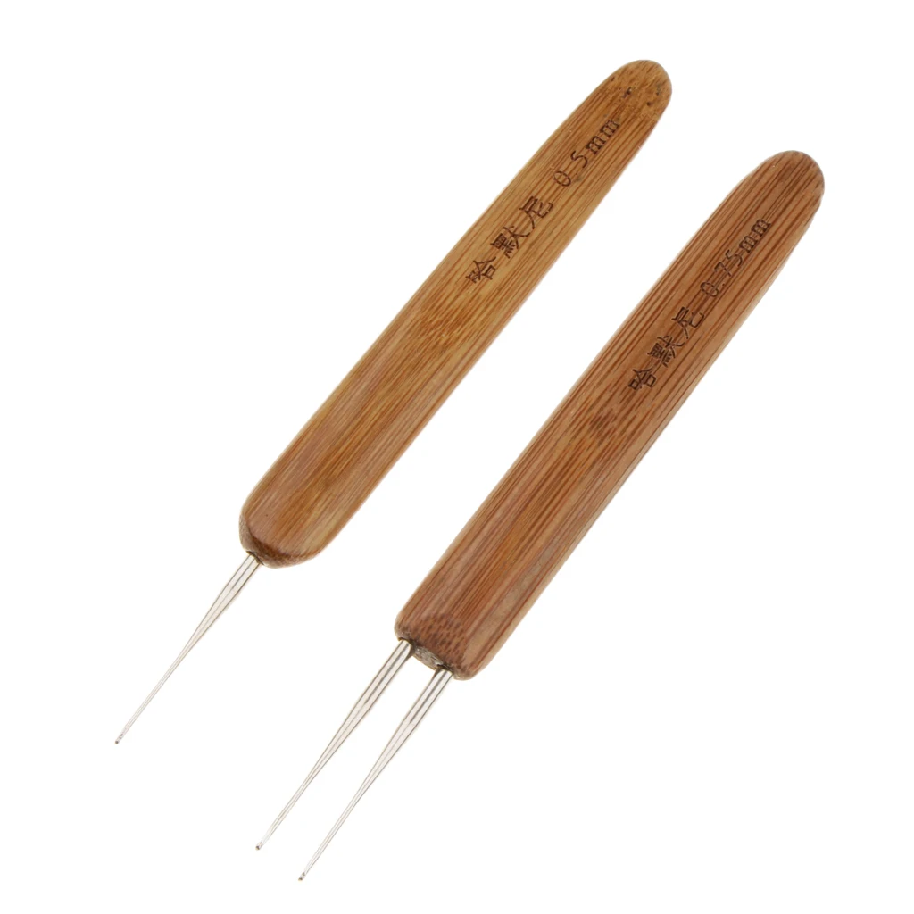 2 Pieces Bamboo Hair Weaving Crochet Needles Hooks Dreadlock 1 Hook Needle with 2 Hooks Needles Tool