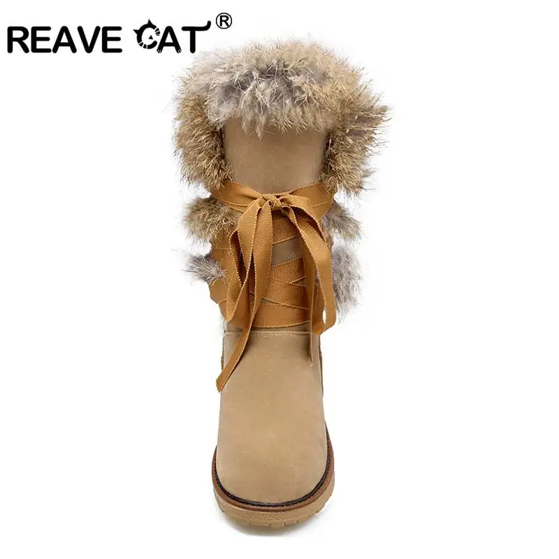 REAVE CAT/Размеры 34–43 Для женщин до середины икры ботинки на плоской подошве с густым мехом и с перекрестными ремешками Женские короткие сапоги теплые зимние сапоги женские стопы A090