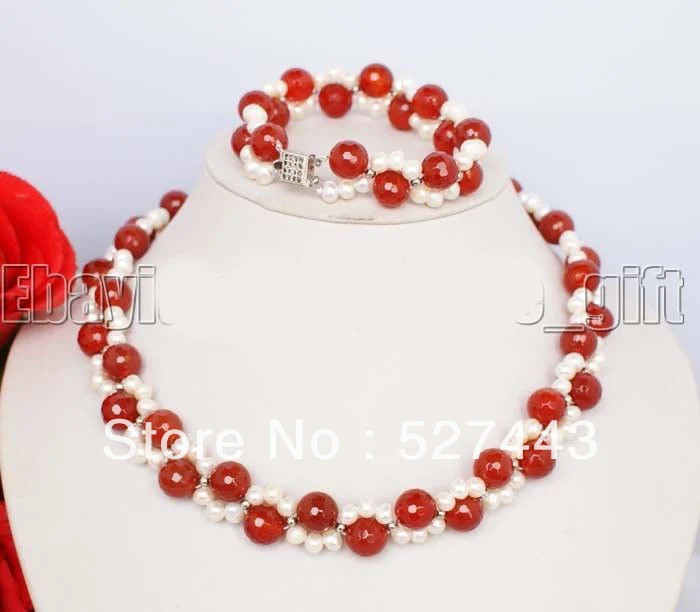 

Wholesale White FW Pearl & red Jade Necklace Bracelet (A0423) -Bride jewelry free shipping