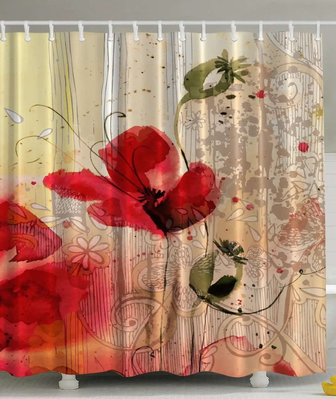Free Shipping 72/" x 72/" Decor.. Vintage Red Poppy Floral Fabric Shower Curtain