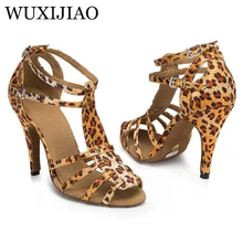 WUXIJIAO/Женская обувь для латинских танцев; размеры США 4-12; Удобная атласная танцевальная обувь черного и леопардового цветов; обувь для латинских танцев для женщин; высота каблука