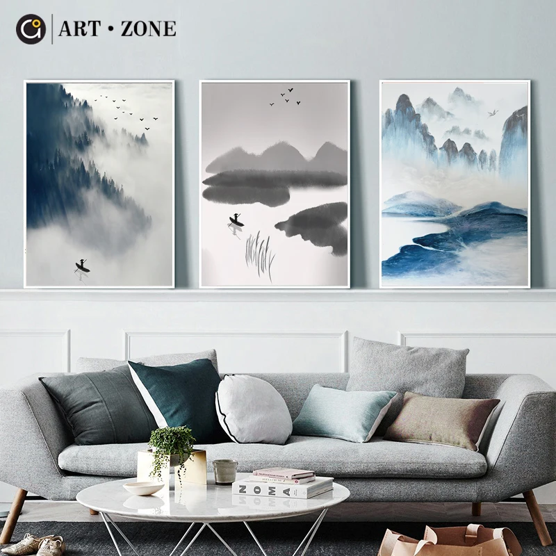 Art Zone Nordic Canvas Painting Mountain River Decor Poster Wall