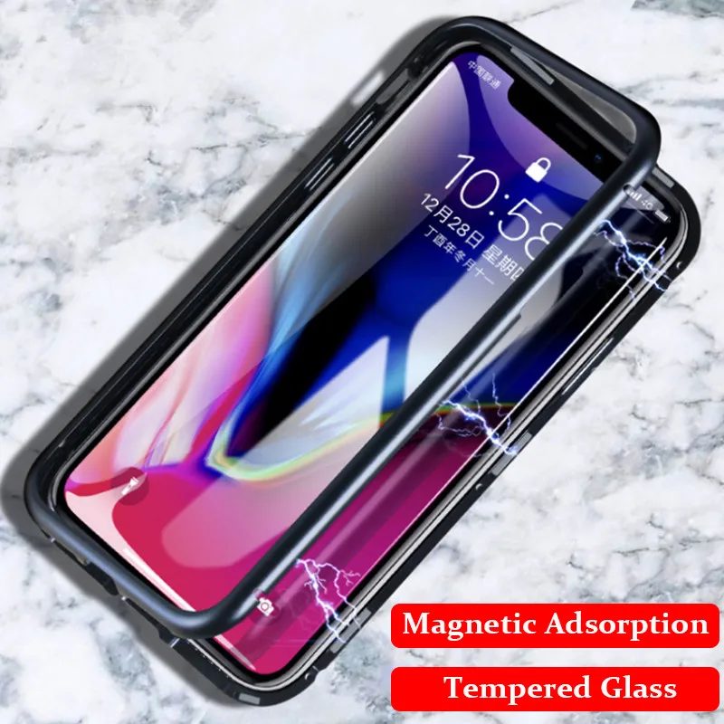 360 Full Magnetic Case For iPhone XS XR X MAX Luxury Aluminum Metal Bumper Cover 8 Plus 7 Tempered Glass | Мобильные телефоны и