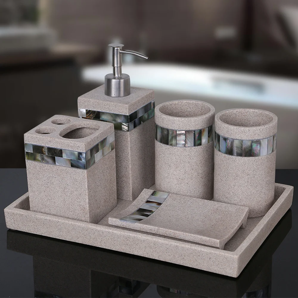 

European shell bathroom five-piece set Resin toothbrush holder wash cup with tray Bathroom supplies set LO723451
