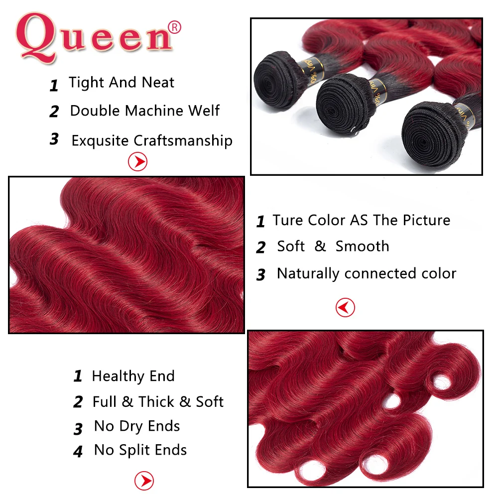 Queen Products Brazilian Body Wave 3 Bundles With Closure 1B/Wine Red Ombre Human Weave Hair Bundles With Closure Hair Extension Queen Products Brazilian Body Wave 3 Bundles With Closure 1B/Wine Red Ombre Human Weave Hair Bundles With Closure Hair Extension