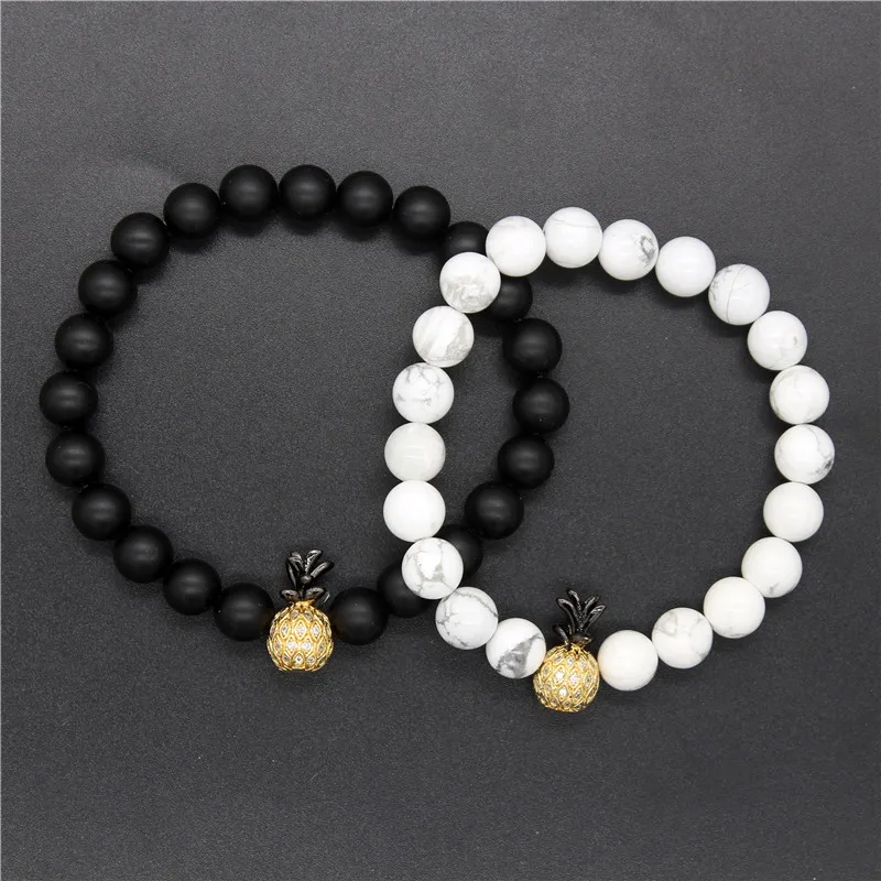 Poshfeel 8mm Black & White Beads Couple Bracelets for Lovers Cz Pineapple Bracelet His And Hers Bracelet Handmade MBR170462