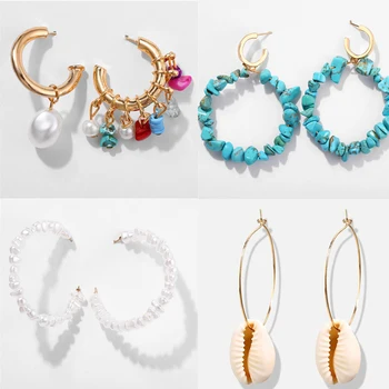 

2019 ZA New Fashion Big Hoop Earrings For Women Bohemia Pearl Shell Metal Circle Hoop Earrings With Charm Ladies Jewelry