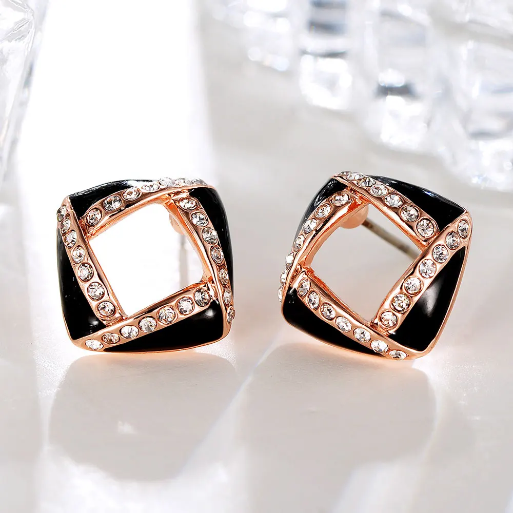 Viennois New Rose Gold Color Square Rhinestone Paved Stud Earrings for Women Girls Black/White Enamel Hollow out Fashion Jewelry