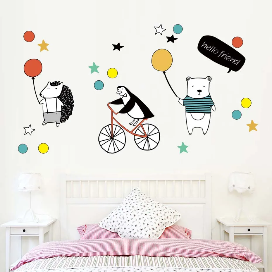 Bear Hedgehog & Penguin Greeting Wall Stickers Hello Friends Quote Decals Cartoon Animals With Balloon Kids Room Home Decora Art (2)