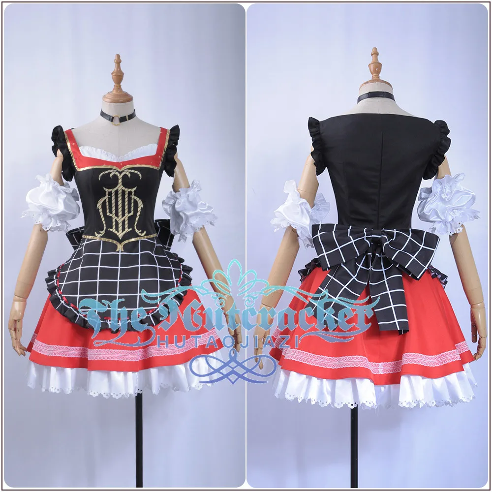 x_01Game LoveLive!Sunshine!! Aqours Bremen Band Ohara Mari Cosplay Costume Women Chocolate Maid Uniform Dress Ruffles Armlet +Hat  (1)