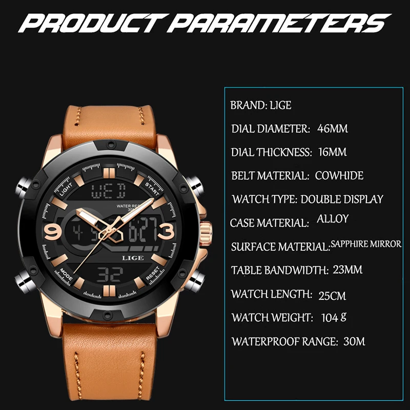 LIGE Mens LED Light Watches Mens Leather Waterproof Clock Military Sport Wristwatch Analog Quartz Watch Relogio Masculino+Box LIGE Mens LED Light Watches Mens Leather Waterproof Clock Military Sport Wristwatch Analog Quartz Watch Relogio Masculino+Box