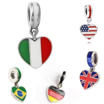 

Heart Shape United States Italy Germany Brazil United Kingdom Flag Big Hole Charm Pendants DIY Silvering Beads Oil-drip Pendant