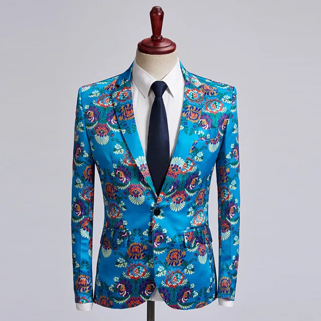 

Sky Blue Floral Print Suit Jacket Man Fashion Leisure Time Casual Slim Fit Blazer Plus Size Stage Singer Wedding Costume