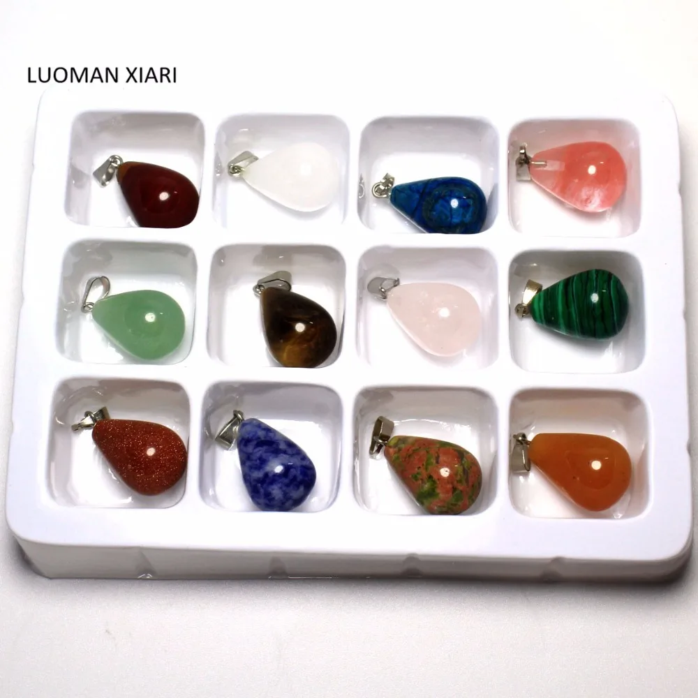 

Wholesale Multi-style 12 PCS Boxed Water Drop Shape Natural Stone Charms Pendant Fit DIY Necklaces For Jewelry Making 11*19 mm