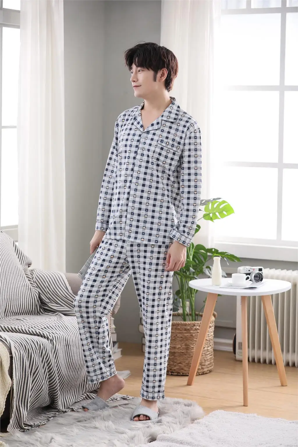 Для мужчин пижамы наборы с длинным рукавом Повседневное спортивный костюм ночную рубашку + брюки 2 шт. Пижама мужской плюс Размеры L-3XL Pijamas