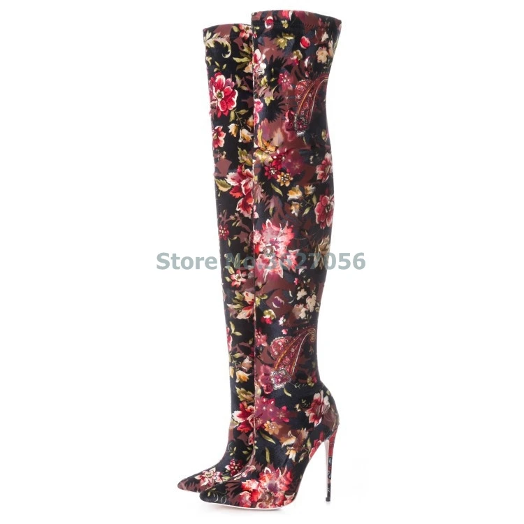 

Sexy Skintight Spring Autumn Women Shoes Pointed Toe Basic Thin High Heel Boots Floral Stretch Fabric Over-the-knee Long Boots