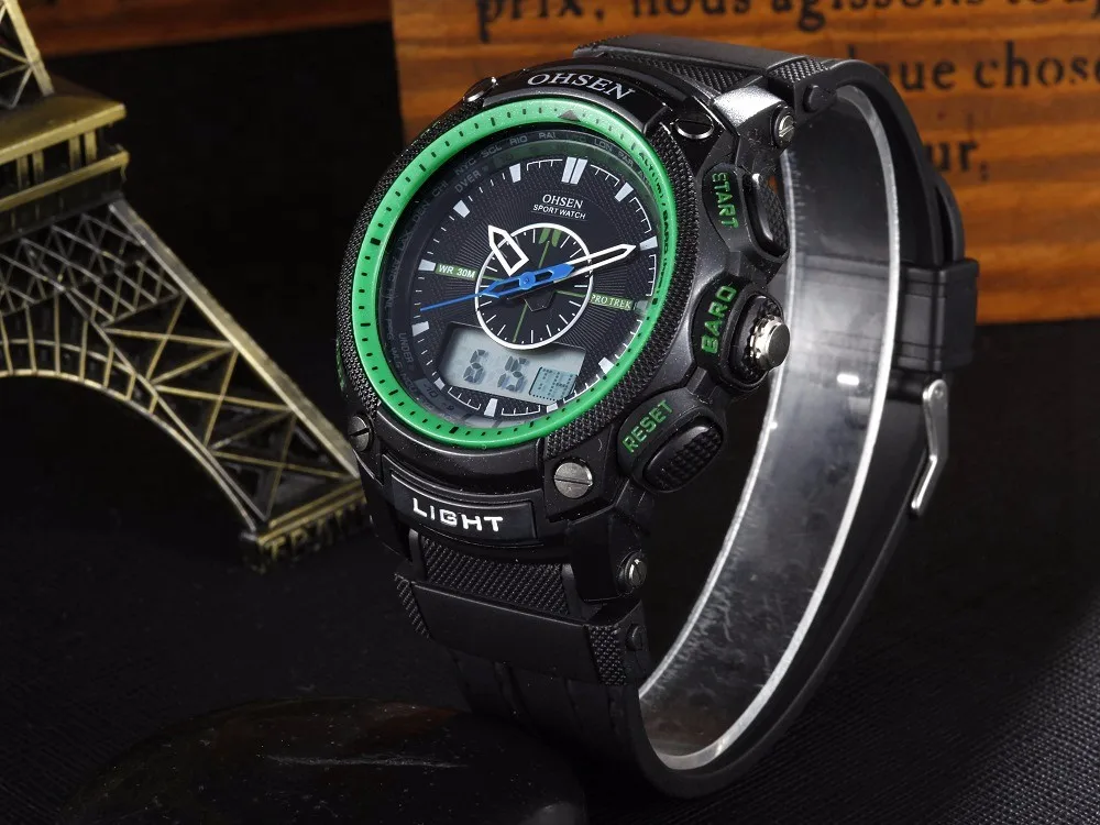 OHSEN цифровой бренд Мужские кварцевые наручные мужские часы 30 м водонепроницаемый зеленый циферблат модные ЖК-часы для дайвинга