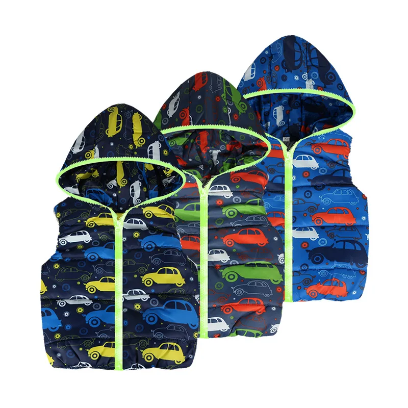 

Cotton Child Waistcoat Hooded Car Printed Baby Boys Vest Children Outerwear Spring Autumn Kids Clothes For 2-6 Years Old