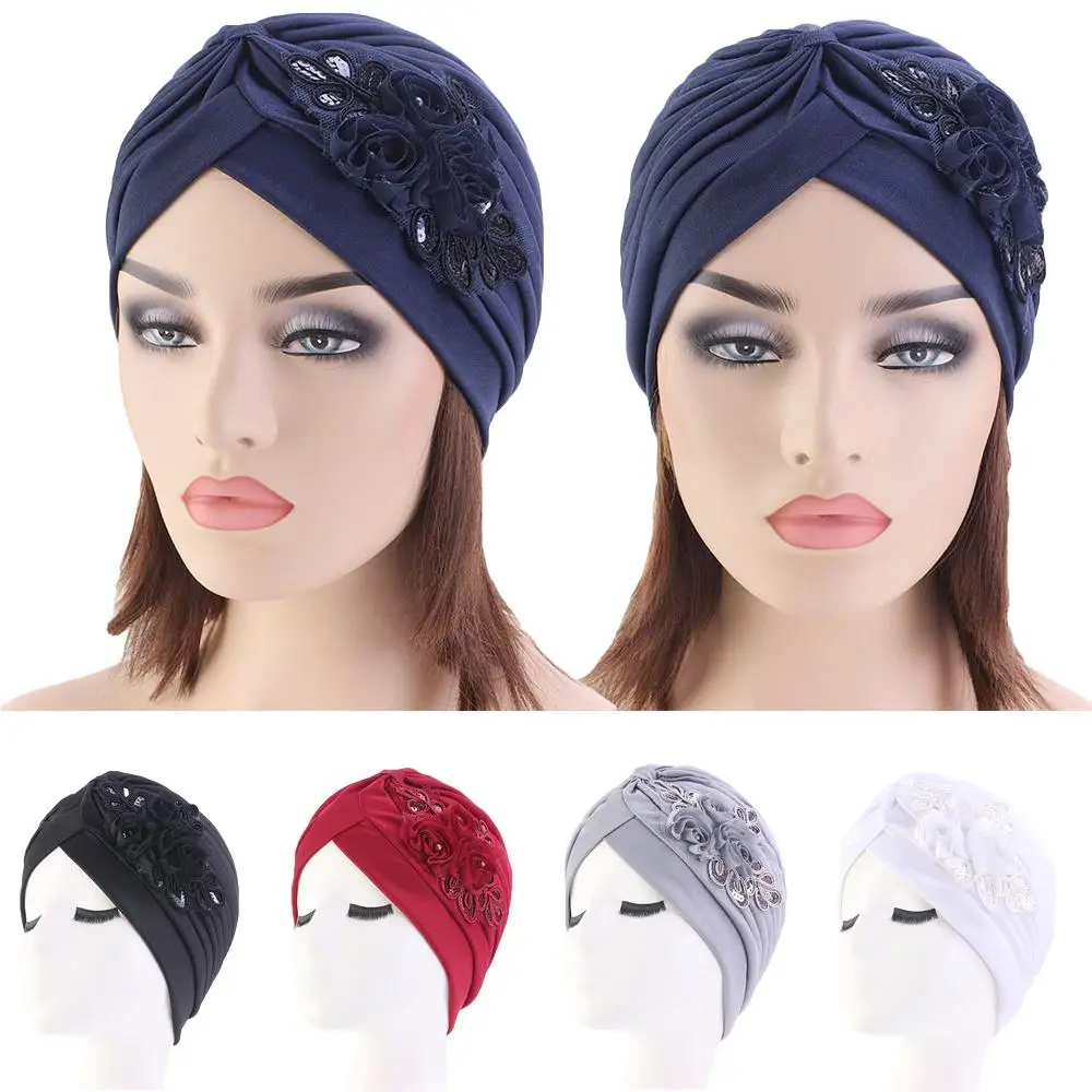 Женская шляпа от выпадения волос, головной шарф, тюрбан, шапка с цветком, мусульманская, раковая химиотерапия шляпа, накидка, исламский головной убор, плиссированная шапка Skullies Beanies
