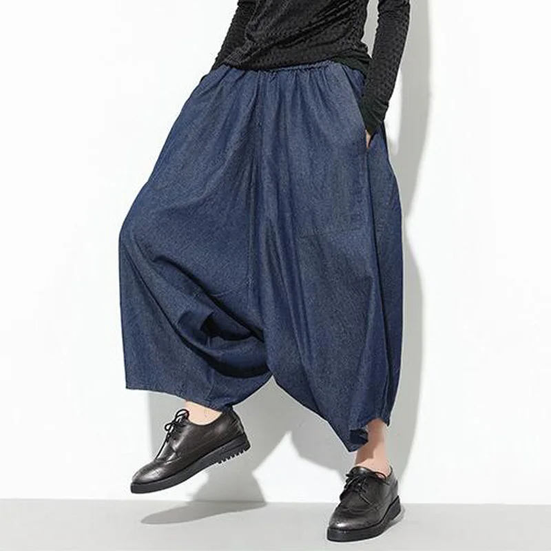 ZANZEA осенние женские штаны-шаровары с высокой эластичной талией и карманами, с заниженным шаговым швом, хлопковые, льняные, одноцветные, Oersized, широкие, длинные брюки