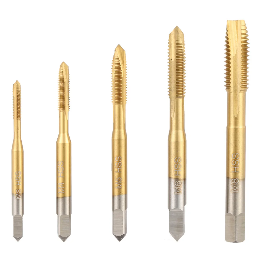 5Pcs Titanium  HSS 6542 Straight Flute Taps Round Shank Square End Spiral Point Tap Machine Screw Tap Coated Straight Groove Tap