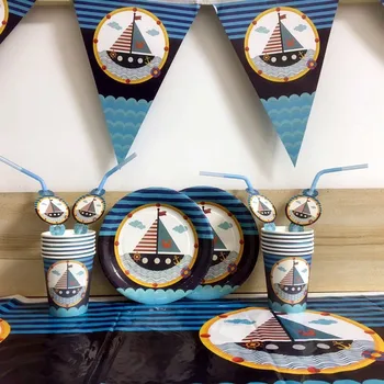 

38PCS/set Blue Sailboat Navigator Printed Theme Disposable Tableware Sets For Kids Shower Holiday Birthday Party Decor Supplies