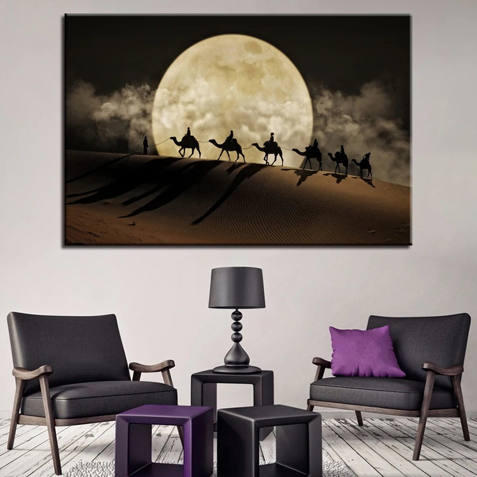

Canvas Posters Wall Art 1 Piece Camel Team Paintings HD Prints Full Moon In Desert Landscape Pictures Home Decor Living Room