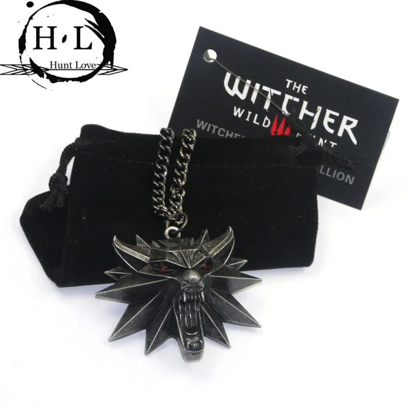10 pcs Novo 99% Semelhante Atacado cabeça do Lobo & Pingentes Colares the witcher 3 caça selvagem colar de pingente com Tag e saco