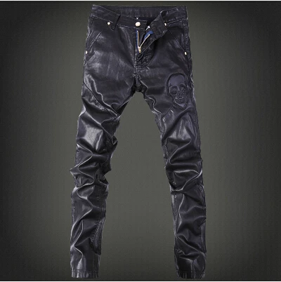 Узкие мужские джинсы, мотоциклетные джинсы, Мужские джинсы из искусственной кожи, джинсовые штаны, кожаные штаны для бега, маленькие размеры 28-36 - Цвет: 10  1