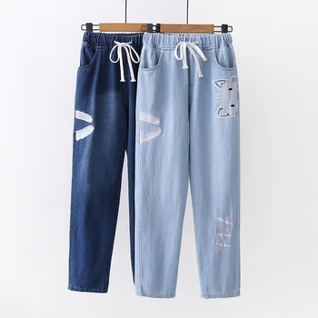 

Japanese Fresh and Lovely Big Cat Face Embroidery Waist Rope Jeans Girl Student Trousers